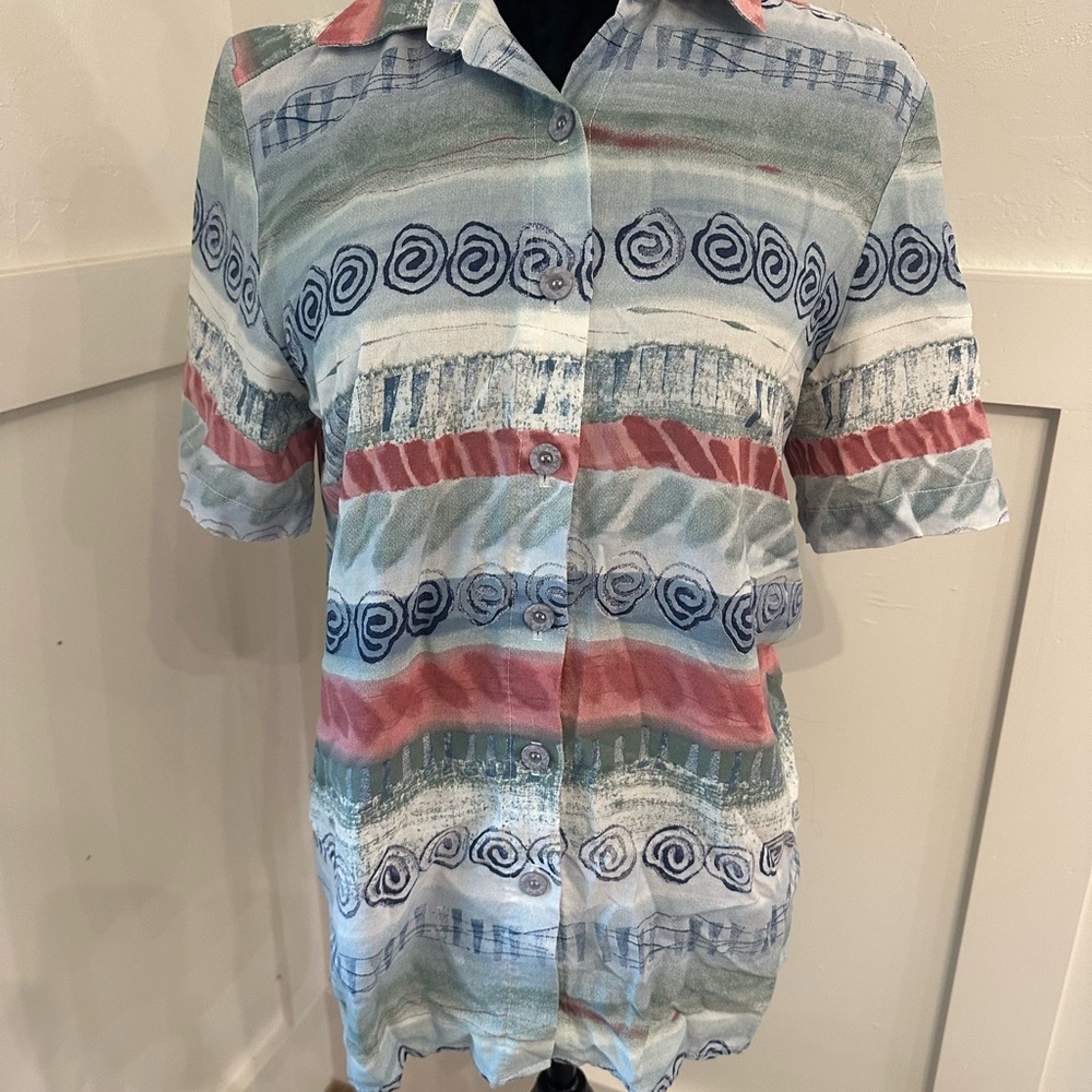 Alfred Dunner Blue and Pink‎ Patterned Button Down Shirt